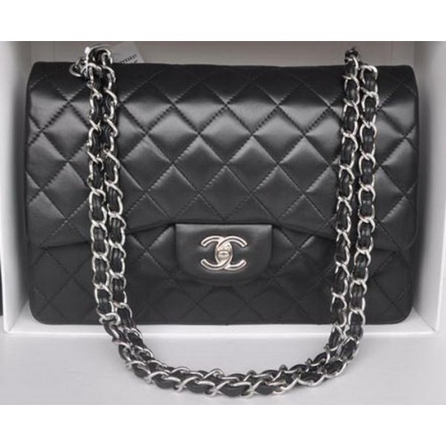 Chanel Jumbo Double Flaps Tassen Zwart Schapenleer A36097 Zilver