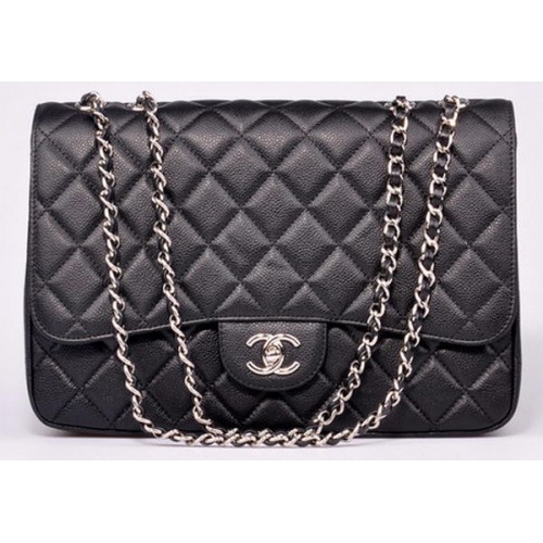 Chanel Jumbo Flap Bag Zwart Cannage Patroon A28600 Zilver