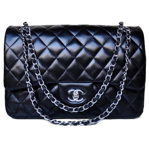 Chanel Jumbo Gewatteerde Klassieke Zwarte Schapenvacht Flap Bag A58600 Zilver