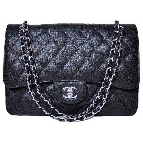 Chanel Jumbo Gewatteerde Klassieke Flap Bag Zwart Cannage Patronen A58600 Zilver