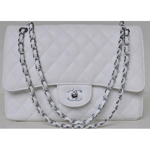 Chanel Jumbo Gewatteerde Klassieke Flap Bag Wit Cannage Patronen A58600 Zilver
