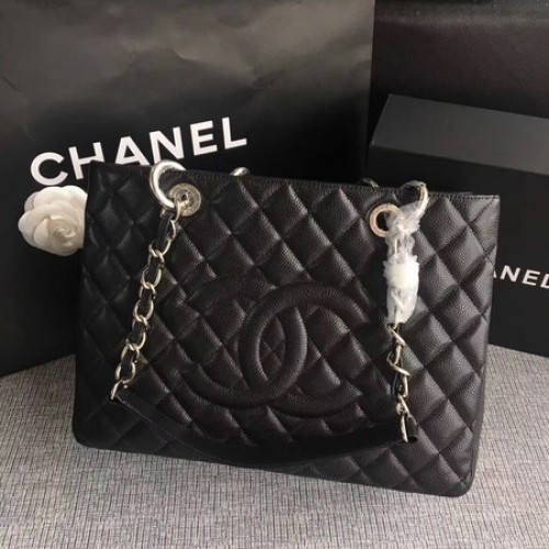 Chanel LE Boy Grand boodschappentas GST zwart Cannage-patroon A50995 zilver