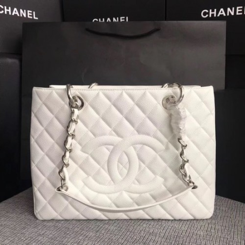 Chanel LE Boy Grand boodschappentas GST wit Cannage-patroon A50995 zilver