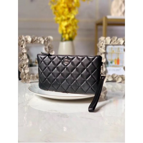 Chanel Lambskin Clutch Bag zilverkleurig metaal A010 zwart