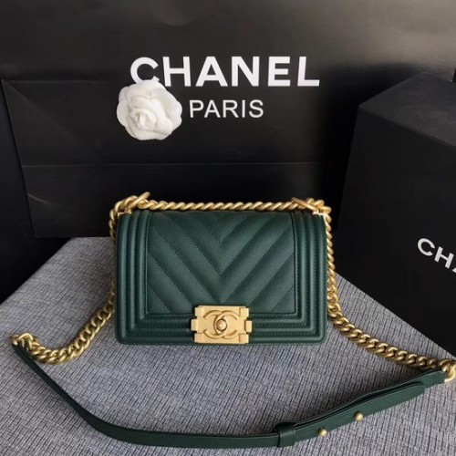 Chanel Le Boy Flap Shoulder Bag Original Caviar Leather P67085 Zwartachtig groene gouden gesp
