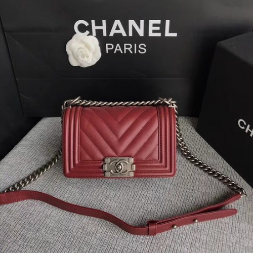 Chanel Le Boy Flap Shoulder Bag Original Caviar Leather P67085 Dieprode zilveren gesp