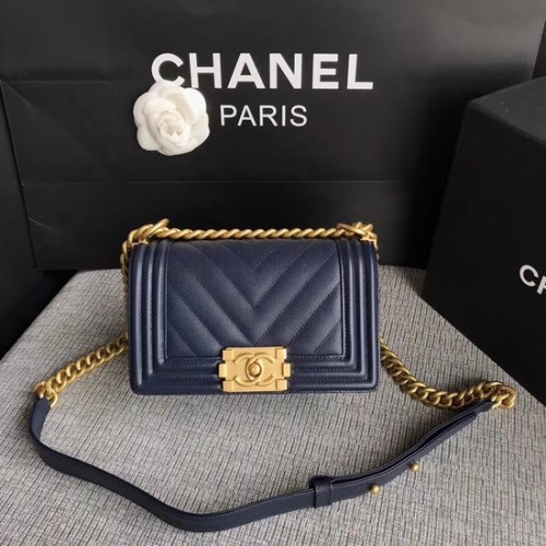 Chanel Le Boy Flap schoudertas Original Caviar Leather P67085 donkerblauwe gouden gesp