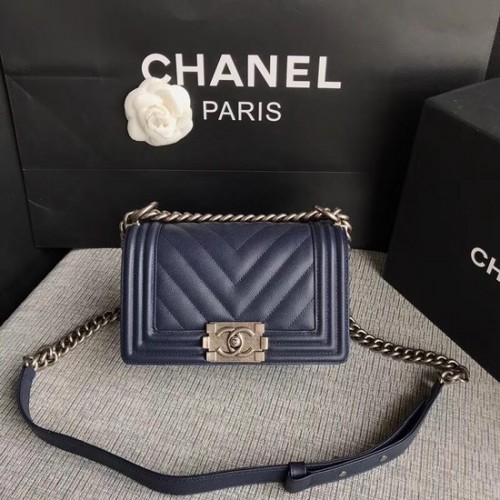 Chanel Le Boy Flap Shoulder Bag Original Caviar Leather P67085 donkerblauwe zilveren gesp