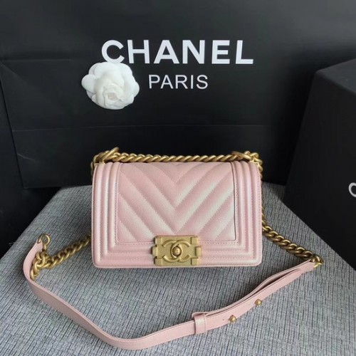 Chanel Le Boy Flap schoudertas Original Caviar Leather P67085 roze gouden gesp