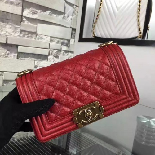 Chanel Le Boy Flap Schoudertas Origineel Cavier Leer A67085 Rood Gouden Gesp