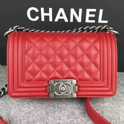Chanel Le Boy Flap Schoudertas Origineel Cavier Leer A67085 Rood Zilver Gesp
