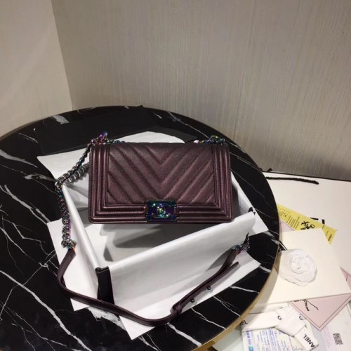 Chanel Le Boy Flap Schoudertas Origineel Leer Paars A67086 Goud