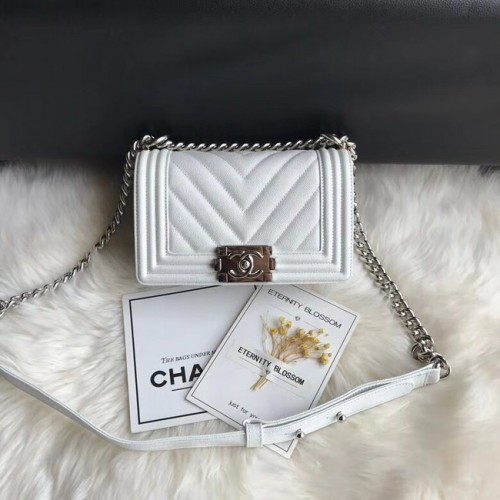 Chanel Leboy Original Caviar lederen schoudertas A67085 wit zilveren ketting