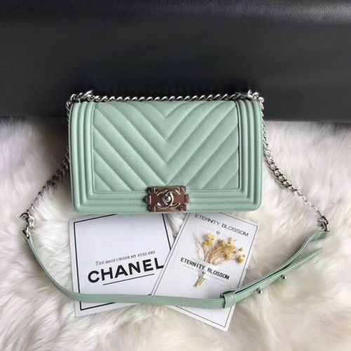 Chanel Leboy Original Caviar lederen schoudertas A67086 Lichtgroene zilveren ketting