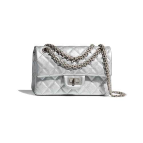 Chanel MINI 2.55 HANDTAS Metallic generfd kalfsleer wit metaal AS0874 zilver