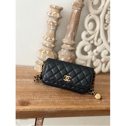 Chanel MINI FLAP TAS Lamsleer Goudkleurig Metaal AP81210 ZWART