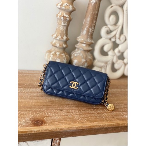 Chanel MINI FLAP TAS Lamsleer Goudkleurig Metaal AP81210 BLAUW