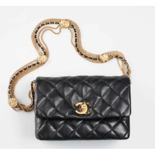 Chanel MINI FLAP BAG Goudkleurig lamsleer AS3378 zwart