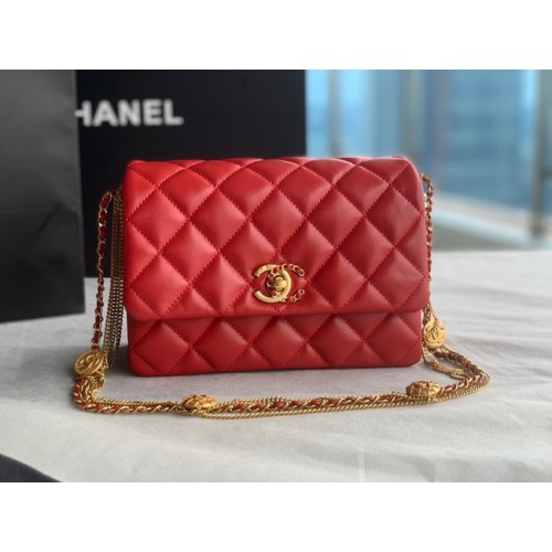 Chanel MINI FLAP BAG Goudkleurig lamsleer AS3378 rood
