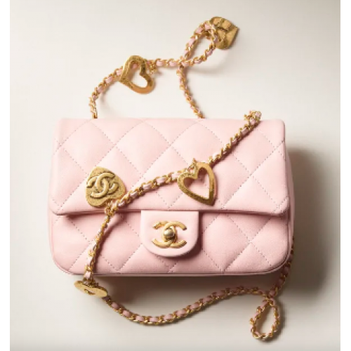 Chanel MINI FLAP BAG Lamsleer Goudkleurig Metaal AS3457 roze