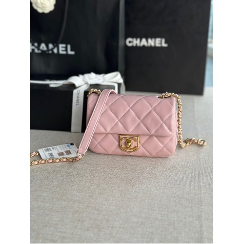 Chanel MINI FLAP BAG Goudkleurig lamsleer AS3473 roze