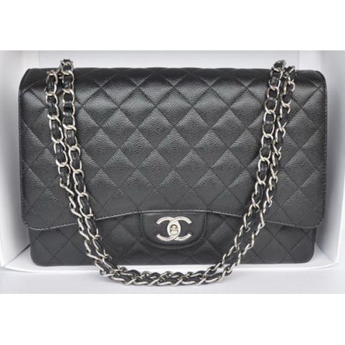 Chanel Maxi Classic Bag A36098 Zwart Cannage Patroon Zilver