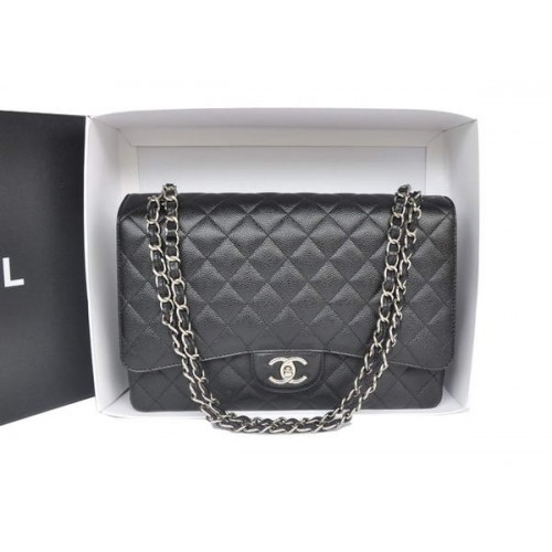 Heet Verkoop Chanel Maxi Klassieke Tas A36098 Zwart Origineel Kaviaar Leer Zilver