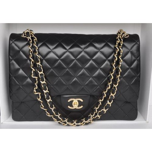 Chanel Maxi Classic Bag A36098 Zwart Schapenvacht Goud