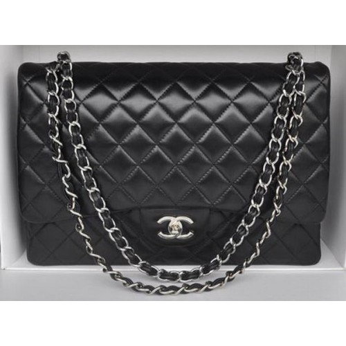 Chanel Maxi Classic Bag A36098 Zwart Schapenvacht Zilver
