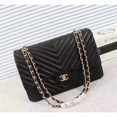 Chanel Maxi Classic Flap Bag Zwart Chevron Schapenleer A58601 Goud