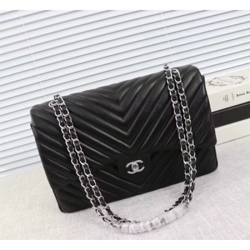 Chanel Maxi Classic Flap Bag Zwart Chevron Schapenvacht Leer A58601 Zilver