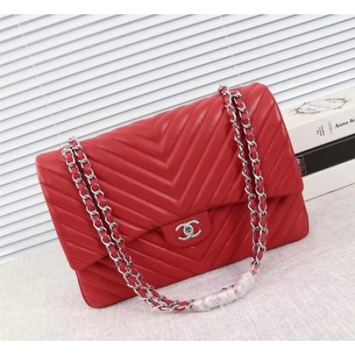Chanel Maxi Classic Flap Bag Rood Chevron Schapenvacht Leer A58601 Zilver