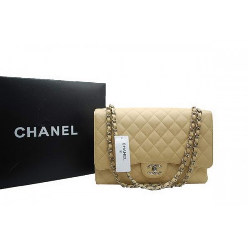 Chanel Maxi Double Flaps Bag A36098 Abrikoos Origineel Kaviaar Leer Zilver