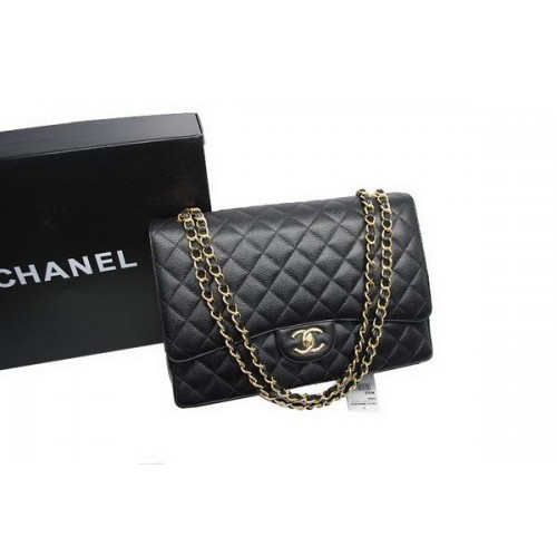 Chanel Maxi Double Flaps Bag A36098 Zwart Origineel Kaviaar Leer Goud