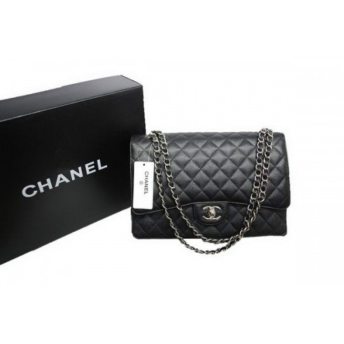 Chanel Maxi Double Flaps Bag A36098 Zwart Origineel Kaviaar Leer Zilver