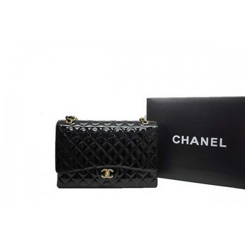 Chanel Maxi Double Flaps Bag A36098 Zwart Origineel Lakleer Goud