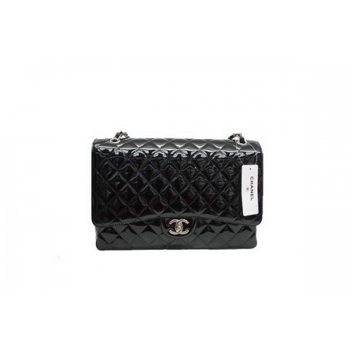 Chanel Maxi Double Flaps Bag A36098 Zwart Origineel Lakleer Zilver