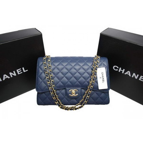 Chanel Maxi Double Flaps Bag A36098 Blauw Origineel Kaviaar Leer Goud