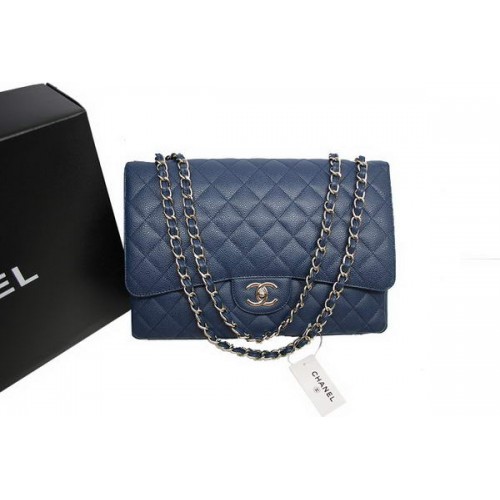 Chanel Maxi Double Flaps Bag A36098 Blauw Origineel Kaviaar Leer Zilver