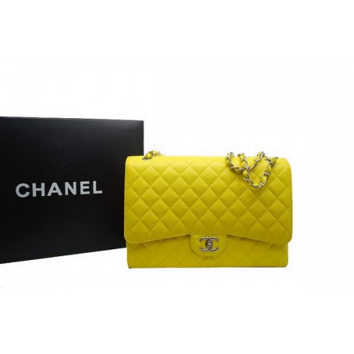 Chanel Maxi Double Flaps Bag A36098 Citroen Origineel Kaviaar Leer Zilver