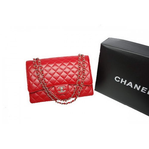 Chanel Maxi Double Flaps Bag A36098 Rood Origineel Kaviaar Leer Zilver
