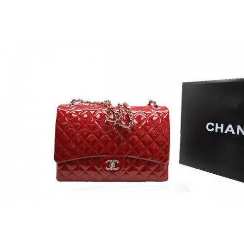 Chanel Maxi Double Flaps Bag A36098 Rood Origineel Lakleer Zilver