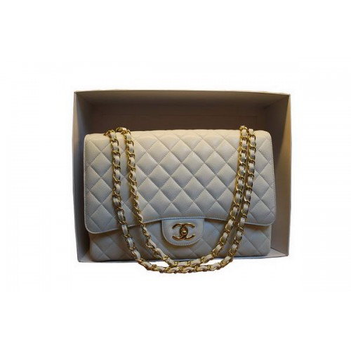 Chanel Maxi Double Flaps Bag A36098 Wit Origineel Kaviaar Leer Goud