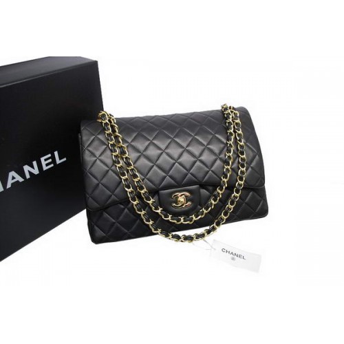 Topkwaliteit Chanel Maxi Double Flaps Bag Zwart Origineel Lamsleer A36098 Goud