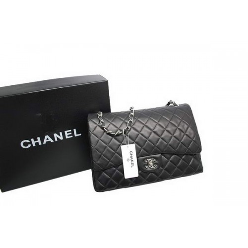 Topkwaliteit Chanel Maxi Double Flaps Bag Zwart Origineel Lamsleer A36098 Zilver