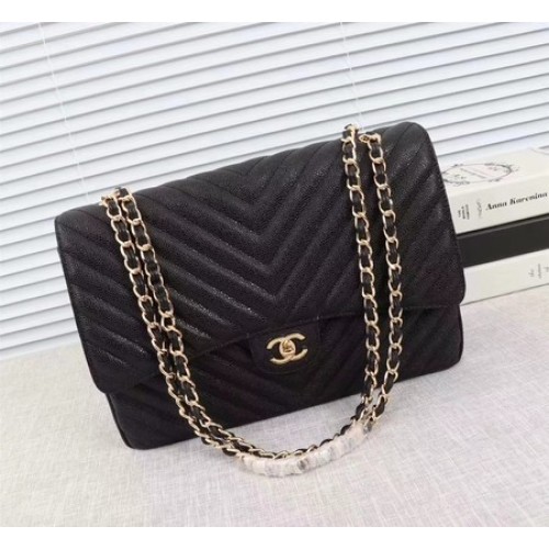 Chanel Maxi Quilted Classic Flap Bag Zwart Chevron Cannage Patroon A58601 Goud