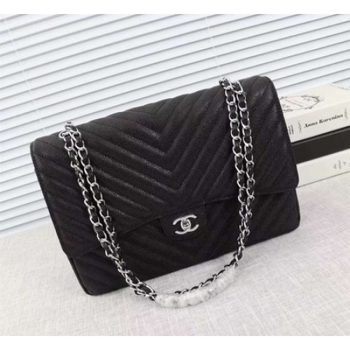Chanel Maxi Quilted Classic Flap Bag Zwart Chevron Cannage Patroon A58601 Zilver