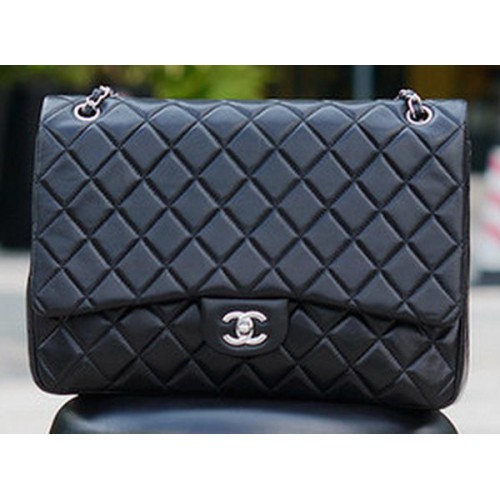 Chanel Maxi Quilted Classic Flap Bag Zwart Schapenvacht A58601 Zilver