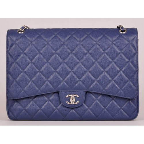 Chanel Maxi gewatteerde klassieke klepzak blauw Cannage-patroon A58601 zilver