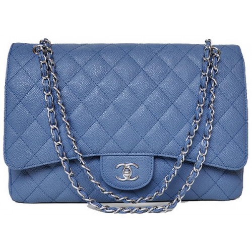 Chanel Maxi gewatteerde klassieke klepzak blauw Cannage-patronen A58601 zilver